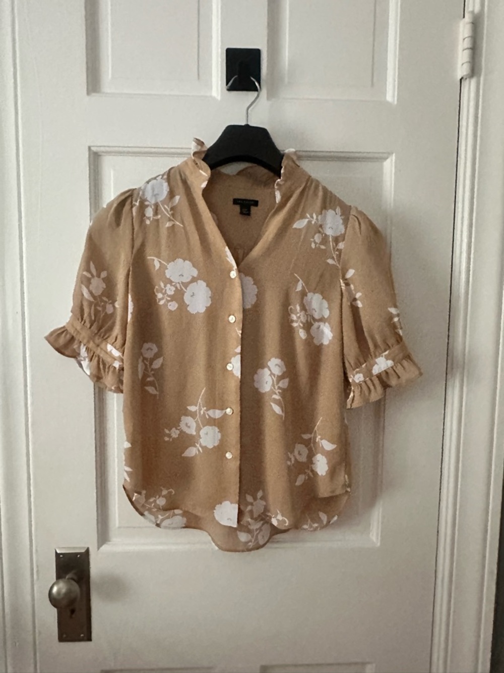 Ann Taylor Tan Blouse with White Floral Print